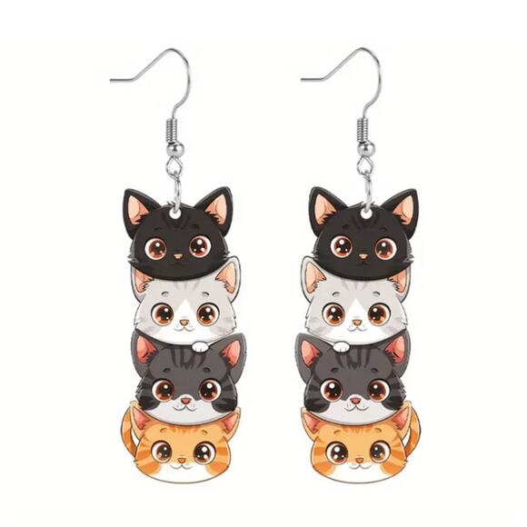 Stacked Cartoon Overlaid Cats Acrylic Earrings Dangle - Picture 2 of 4